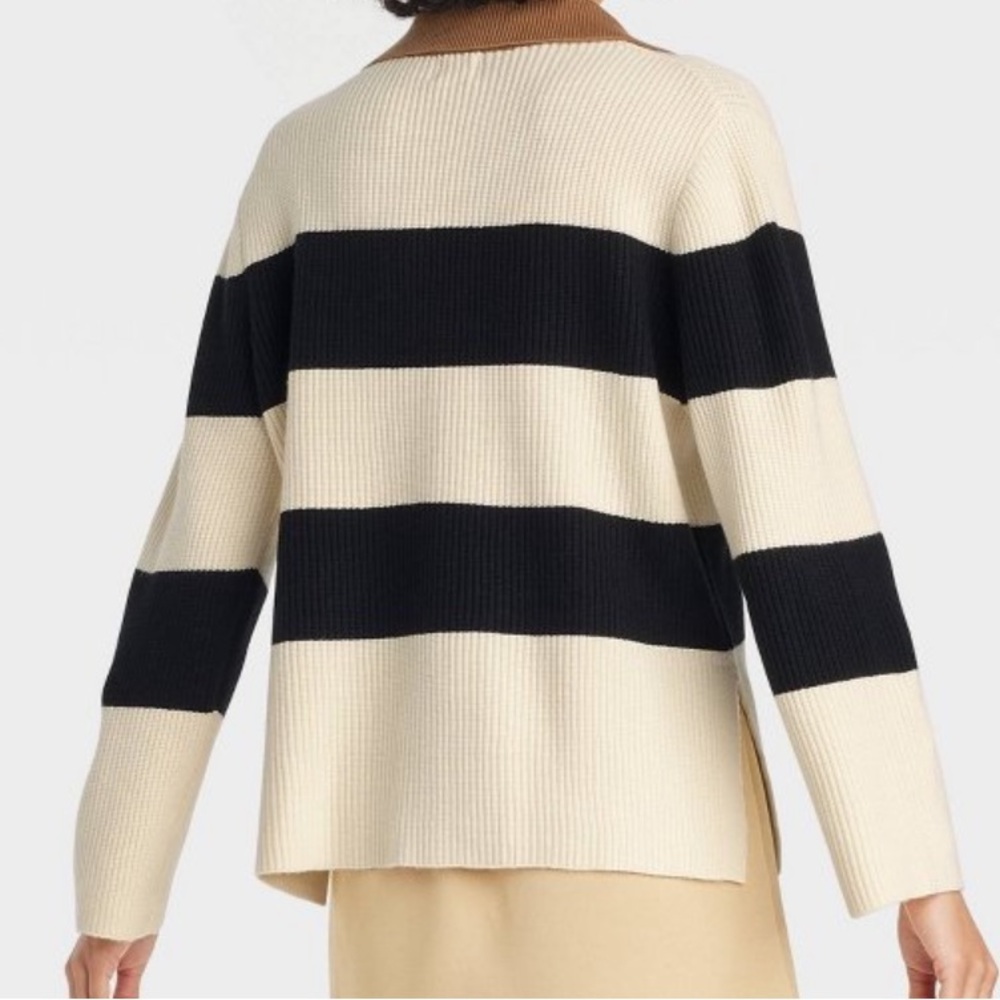 A New Day Women's Polo Pullover Sweater Black Striped Sz S Collared Long Sleeve - Picture 2 of 3